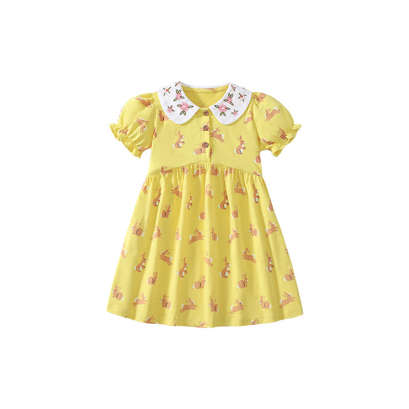 Summer Arrival Cartoon Rabbits Pattern Short Sleeves Dress for Stylish Girls-3