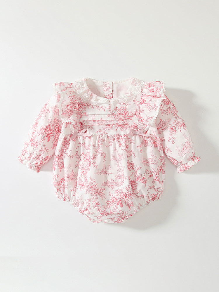 Spring Arrival Baby Girls Flowers Pattern Lace-Trim Collar Onesies Bodysuits-1