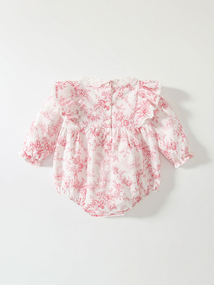 Spring Arrival Baby Girls Flowers Pattern Lace-Trim Collar Onesies Bodysuits-2