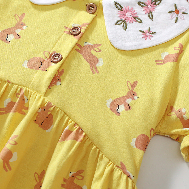 Summer Arrival Cartoon Rabbits Pattern Short Sleeves Dress for Stylish Girls-1