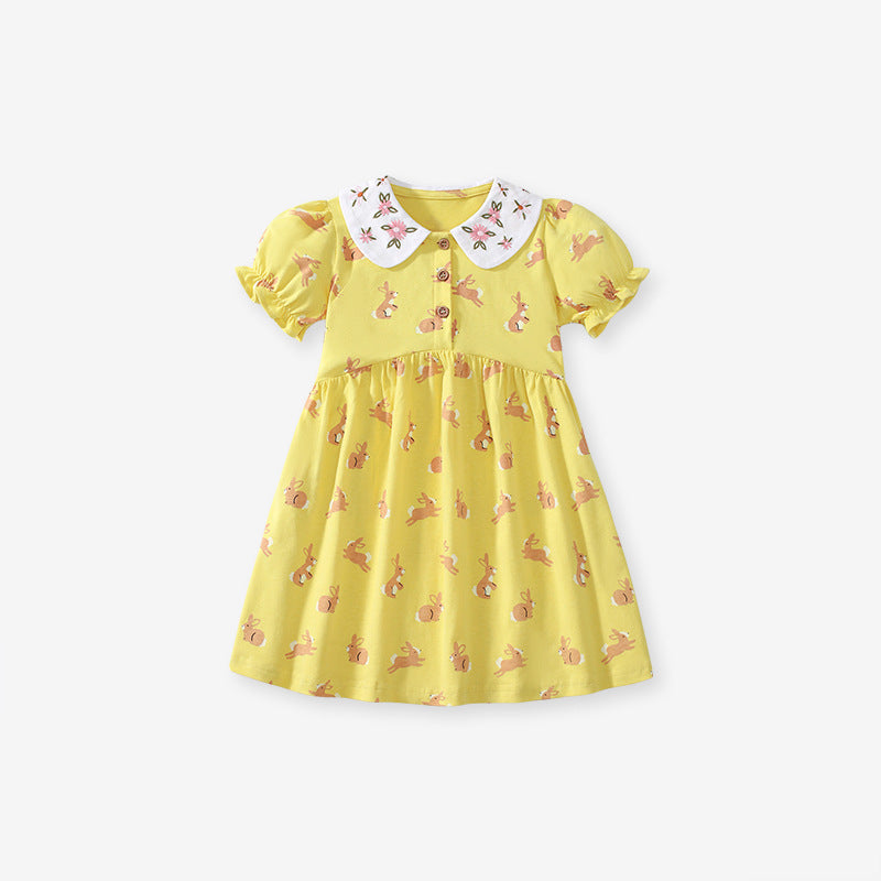 Summer Arrival Cartoon Rabbits Pattern Short Sleeves Dress for Stylish Girls-0