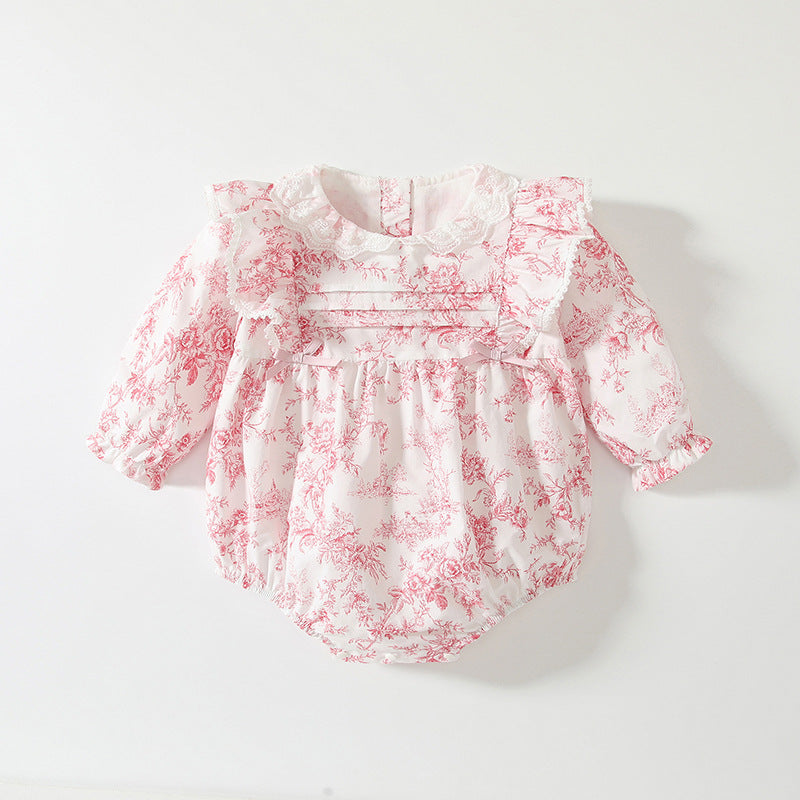 Spring Arrival Baby Girls Flowers Pattern Lace-Trim Collar Onesies Bodysuits-0