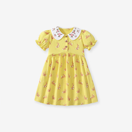 Summer Arrival Cartoon Rabbits Pattern Short Sleeves Dress for Stylish Girls-0