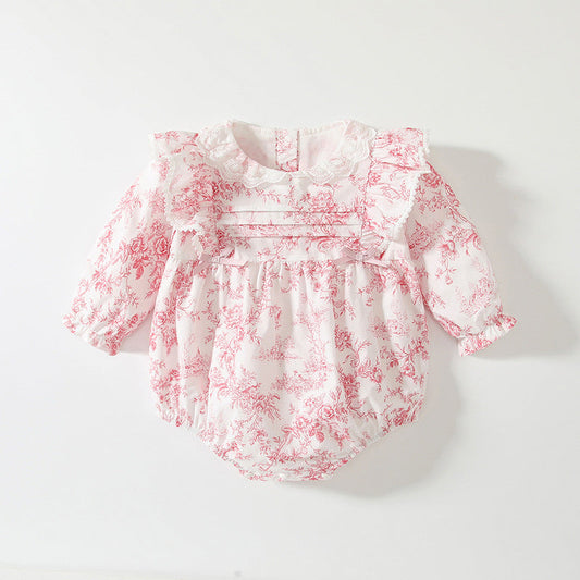 Spring Arrival Baby Girls Flowers Pattern Lace-Trim Collar Onesies Bodysuits-0